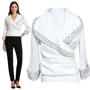 Cachet White Beaded Trim Wrap Blouse Stretch Tailored Size 8